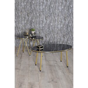 Zigon Sehpa Ve Orta Sehpa Elips Set Çift Gold Bendir Metal Siyah Mermer Desenli