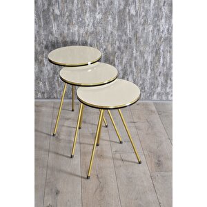 Zigon Sehpa Ve Orta Sehpa Elips Krem Set Metal Ayak Çift Gold Krem