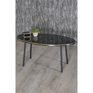 Zigon Sehpa Ve Orta Sehpa Elips Set Siyah Metal Ayak Çift Altın Bendir Siyah Mermer Desenli
