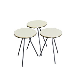 Zigon Sehpa Ve Orta Sehpa Elips Set Siyah Metal Ayak Çift Altın Krem