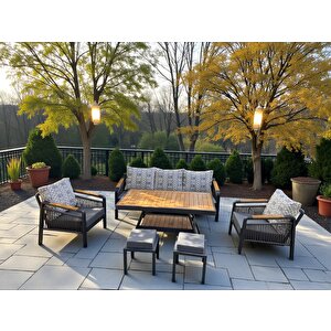 Rose Masif Ahşap Ve Metal Bahçe Balkon Koltuk Takımı 3+1+1+masa+2 Puf