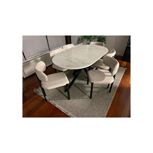  hobi Beyaz Mermer Görünümlü  Oval Masa  6 Sandalye