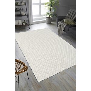 Pamuk Tabanlı Modern Dama Tasarımlı  Sisal Yaprak Krem Renk Halı 120x500 cm