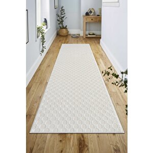 Pamuk Tabanlı Modern Dama Tasarımlı  Sisal Yaprak Krem Renk Halı 120x500 cm