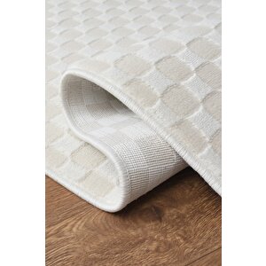 Pamuk Tabanlı Modern Dama Tasarımlı  Sisal Yaprak Krem Renk Halı