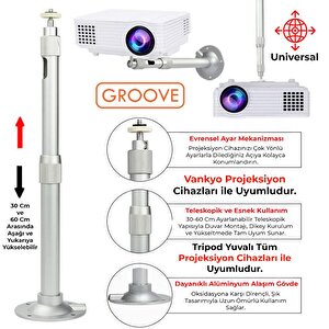 Vankyo Groove 30-60cm Alüminyum Projeksiyon Cihazı Tavan Askı Aparatı Duvar Bağlantı Aparatı Universal Projector Beyaz (360° Döneb