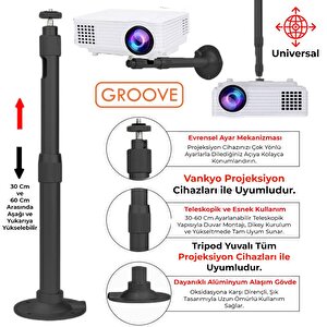 Vankyo Groove 30-60cm Alüminyum Projeksiyon Cihazı Tavan Askı Aparatı Duvar Bağlantı Aparatı Universal Projector Siyah (360° Döneb