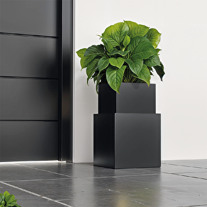 Flora Modern Saksı 35x35x57 Antrasit Dekoratif Alüminyum Metal Dış Mekan Bahçe Balkon Teras Dayanıklı Saksı