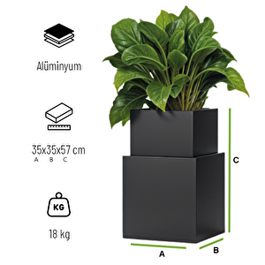 Flora Modern Saksı 35x35x57 Antrasit Dekoratif Alüminyum Metal Dış Mekan Bahçe Balkon Teras Dayanıklı Saksı