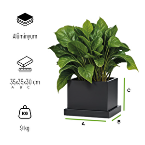 Flora Modern Saksı 35x35x30 Antrasit Dekoratif Alüminyum Metal Dış Mekan Bahçe Balkon Teras Dayanıklı Saksı