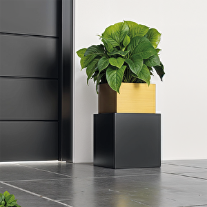 Flora Modern Saksı 35x35x30 Antrasit Gold Dekoratif Alüminyum Metal Dış Mekan Bahçe Balkon Teras Dayanıklı Saksı