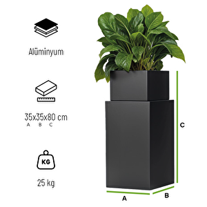 Flora Modern Saksı 35x35x80 Antrasit Dekoratif Alüminyum Metal Dış Mekan Bahçe Balkon Teras Dayanıklı Saksı
