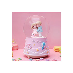Aşıklar Büyük Boy Kar Küresi Işıklı, Müzikli, Püskürtmeli, Pembe, 16x12