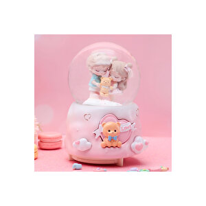 Ayıcıklı Büyük Boy Kar Küresi Işıklı, Müzikli, Püskürtmeli, Pembe, 16x12
