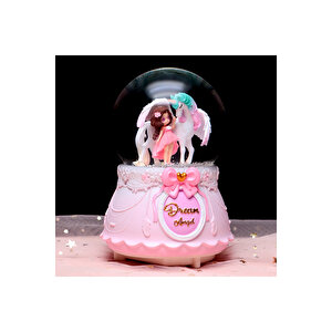 Unicorn Ve Kız Büyük Boy Kar Küresi Işıklı, Müzikli, Püskürtmeli, Pembe, 16x12
