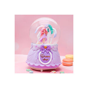 Unicorn Ve Kız Büyük Boy Kar Küresi Işıklı, Müzikli, Püskürtmeli, Mor, 16x12