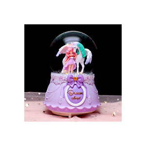 Unicorn Ve Kız Büyük Boy Kar Küresi Işıklı, Müzikli, Püskürtmeli, Mor, 16x12