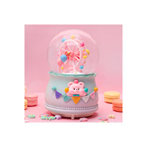 Dönme Dolap Büyük Boy Kar Küresi Işıklı, Müzikli, Püskürtmeli, Pembe, 16x12