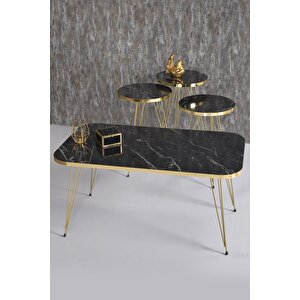 Zigon Sehpa Ve Orta Sehpa Kr Set Gold Bendir Tel Siyah Mermer Desenli