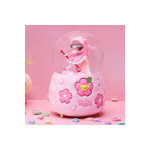 Çiçekli Kız Büyük Boy Kar Küresi Işıklı, Müzikli, Püskürtmeli, Pembe, 16x12
