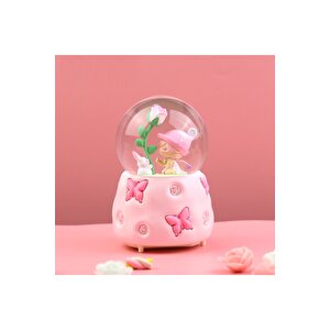 Kelebekli Büyük Boy Kar Küresi Işıklı, Müzikli, Püskürtmeli, Pembe, 16x12