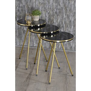 Zigon Sehpa Bendir Metal Ayak Çift Gold Siyah Mermer Desenli