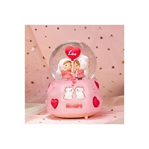 Kalpli Büyük Boy Kar Küresi Işıklı, Müzikli, Püskürtmeli, Pembe, 16x12