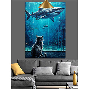 Akvaryumda Yüzen Büyük Köpekbalığı Dekoratif Kanvas - Mdf Ahşap Tablo 70x100 cm