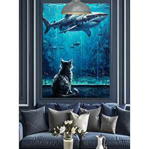 Akvaryumda Yüzen Büyük Köpekbalığı Dekoratif Kanvas - Mdf Ahşap Tablo 70x100 cm
