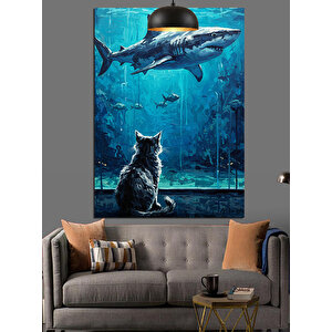 Akvaryumda Yüzen Büyük Köpekbalığı Dekoratif Kanvas - Mdf Ahşap Tablo 70x100 cm