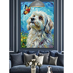 Kelebekli Beyaz Köpek Dekoratif Kanvas - Mdf Ahşap Tablo 25x35 cm