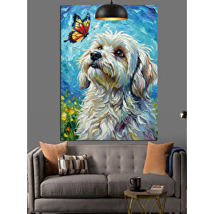 Kelebekli Beyaz Köpek Dekoratif Kanvas - Mdf Ahşap Tablo 25x35 cm