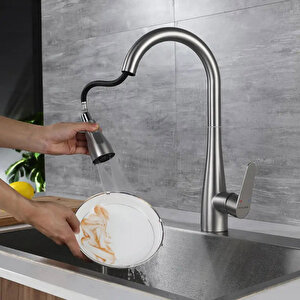 Spiralli Eviye Bataryası Pull Down 3 Fonksiyonlu Fırçalanmış Nikel Kte125-br