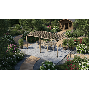 Iahşap 3 X 4.8 Metre Pergole Braket Seti 6 Ana Direkli Üstü Izgaralı Eğimli Pergole Braket Set