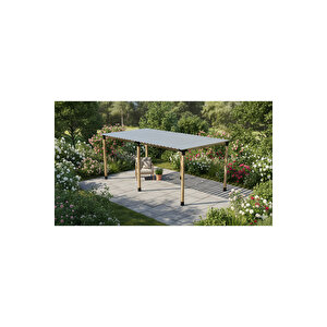 Iahşap Pergola Braket Seti 6 Ana Direkli Üstü Izgaralı Eğimli Trapezli Gölgelik | Ebat-4 X 4.8 Metre (yükseklik 250 Cm)