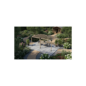 Iahşap Pergola Braket Seti 6 Ana Direkli Üstü Izgaralı Eğimli Pergola Braket Set | Ebat-2.4 X 6 Metre (yükseklik 250 Cm)