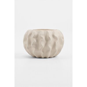 Tactus Oval Dalgalı Bej Seramik Dekoratif Vazo (21x14 Cm)