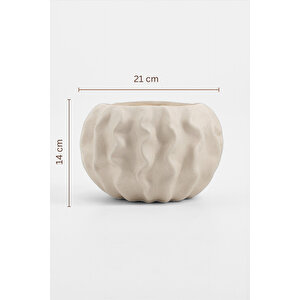 Tactus Oval Dalgalı Bej Seramik Dekoratif Vazo (21x14 Cm)