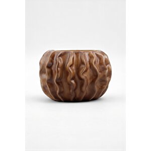 Tactus Oval Dalgalı Ahşap Seramik Dekoratif Vazo (21x14 Cm)