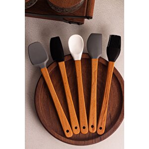 Daily - 5'li Bambu Saplı Silikon Spatula Seti 21 Cm Mutfak Seti Kaşık Spatula Seti