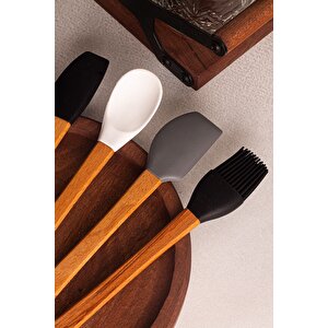 Daily - 5'li Bambu Saplı Silikon Spatula Seti 21 Cm Mutfak Seti Kaşık Spatula Seti