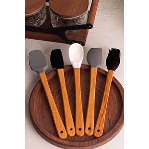 Daily - 5'li Bambu Saplı Silikon Spatula Seti 21 Cm Mutfak Seti Kaşık Spatula Seti