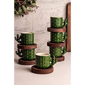 Kaktüs - El Yapımı Seramik Ahşap Tabaklı Türk Kahvesi Espresso Fincan Seti 12 Parça 6 Kişilik