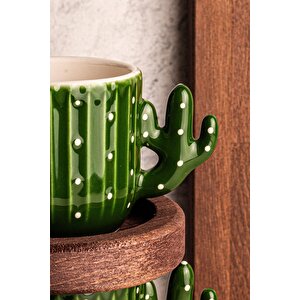 Kaktüs - El Yapımı Seramik Ahşap Tabaklı Türk Kahvesi Espresso Fincan Seti 12 Parça 6 Kişilik