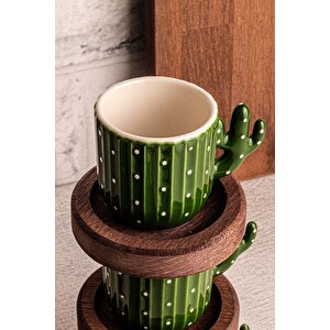 Kaktüs - El Yapımı Seramik Ahşap Tabaklı Türk Kahvesi Espresso Fincan Seti 12 Parça 6 Kişilik