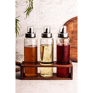 Oily - Ahşap Stantlı 3'lü 500 Ml Borosilikat Zeytinyağı Sıvıyağ Sirke Şişesi Yağdanlık Yağlık