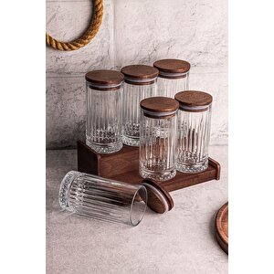 Mira 7 Parça Ahşap Vakumlu Kapaklı Standlı Cam Baharatlık Seti 450 Ml Çok Amaçlı Saklama Kabı