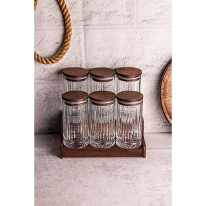 Mira 7 Parça Ahşap Vakumlu Kapaklı Standlı Cam Baharatlık Seti 450 Ml Çok Amaçlı Saklama Kabı