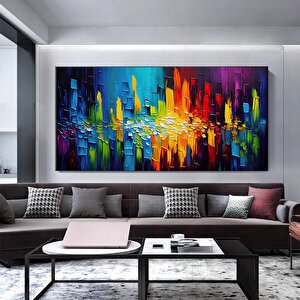 Ekstra Büyük Palet Bıçağı Dokulu Renkli Soyut Duvar Sanatı – Kırmızı, Maya Mavisi, Turuncu Kanvas 90x180 cm