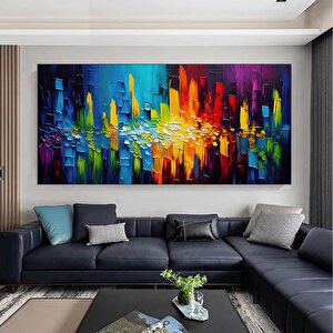 Ekstra Büyük Palet Bıçağı Dokulu Renkli Soyut Duvar Sanatı – Kırmızı, Maya Mavisi, Turuncu Kanvas